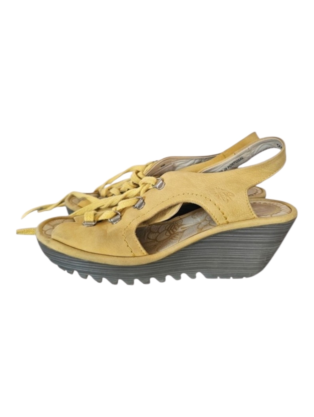 FLY London Ylfa Mustard Yellow Laced Boho Suede Wedges Sandals sz‎ EU 39, US 8.5